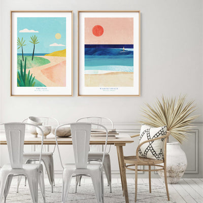 Waikiki Beach Illustration - Art Print by Henry Rivers, Poster, Stretched Canvas or Framed Wall Art, shown framed in a home interior space
