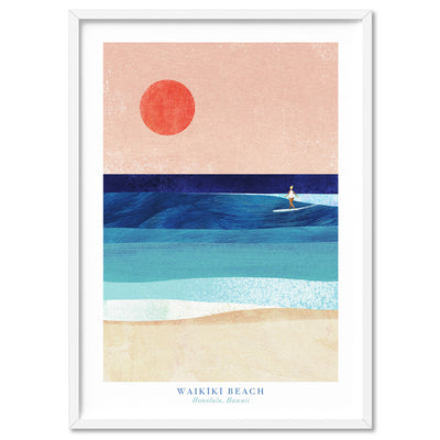 Waikiki Beach Illustration - Art Print by Henry Rivers, Poster, Stretched Canvas, or Framed Wall Art Print, shown in a white frame
