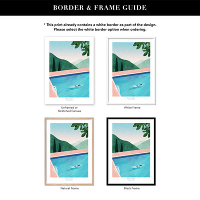Pool in Tuscany Illustration - Art Print by Henry Rivers, Poster, Stretched Canvas or Framed Wall Art, Showing White , Black, Natural Frame Colours, No Frame (Unframed) or Stretched Canvas, and With or Without White Borders