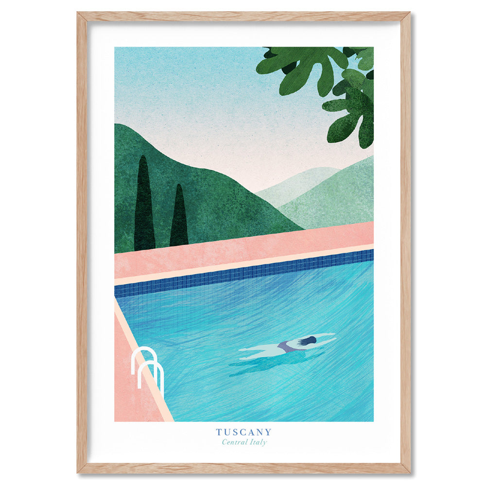 Pool in Tuscany Illustration - Art Print by Henry Rivers, Poster, Stretched Canvas, or Framed Wall Art Print, shown in a natural timber frame