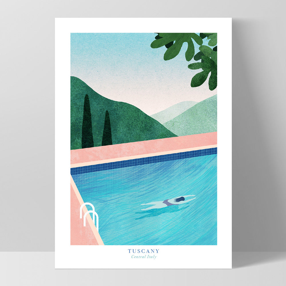 Pool in Tuscany Illustration - Art Print by Henry Rivers, Poster, Stretched Canvas, or Framed Wall Art Print, shown as a stretched canvas or poster without a frame