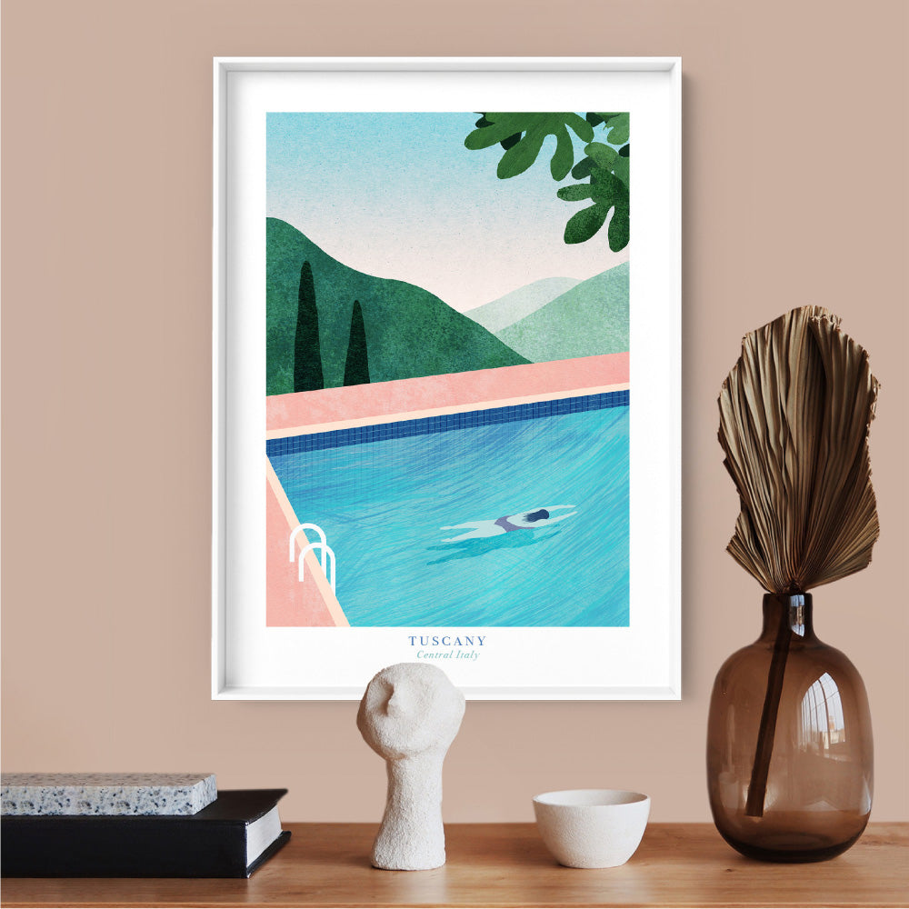 Pool in Tuscany Illustration - Art Print by Henry Rivers, Poster, Stretched Canvas or Framed Wall Art Prints, shown framed in a room