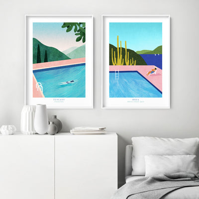 Pool in Tuscany Illustration - Art Print by Henry Rivers, Poster, Stretched Canvas or Framed Wall Art, shown framed in a home interior space