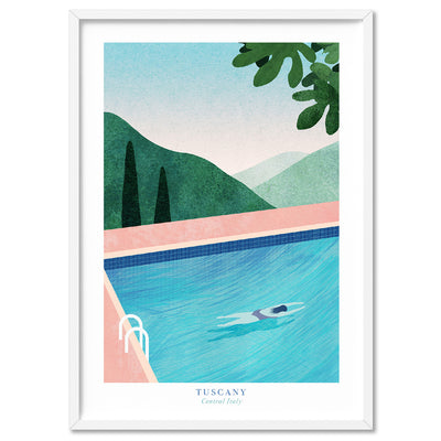 Pool in Tuscany Illustration - Art Print by Henry Rivers, Poster, Stretched Canvas, or Framed Wall Art Print, shown in a white frame