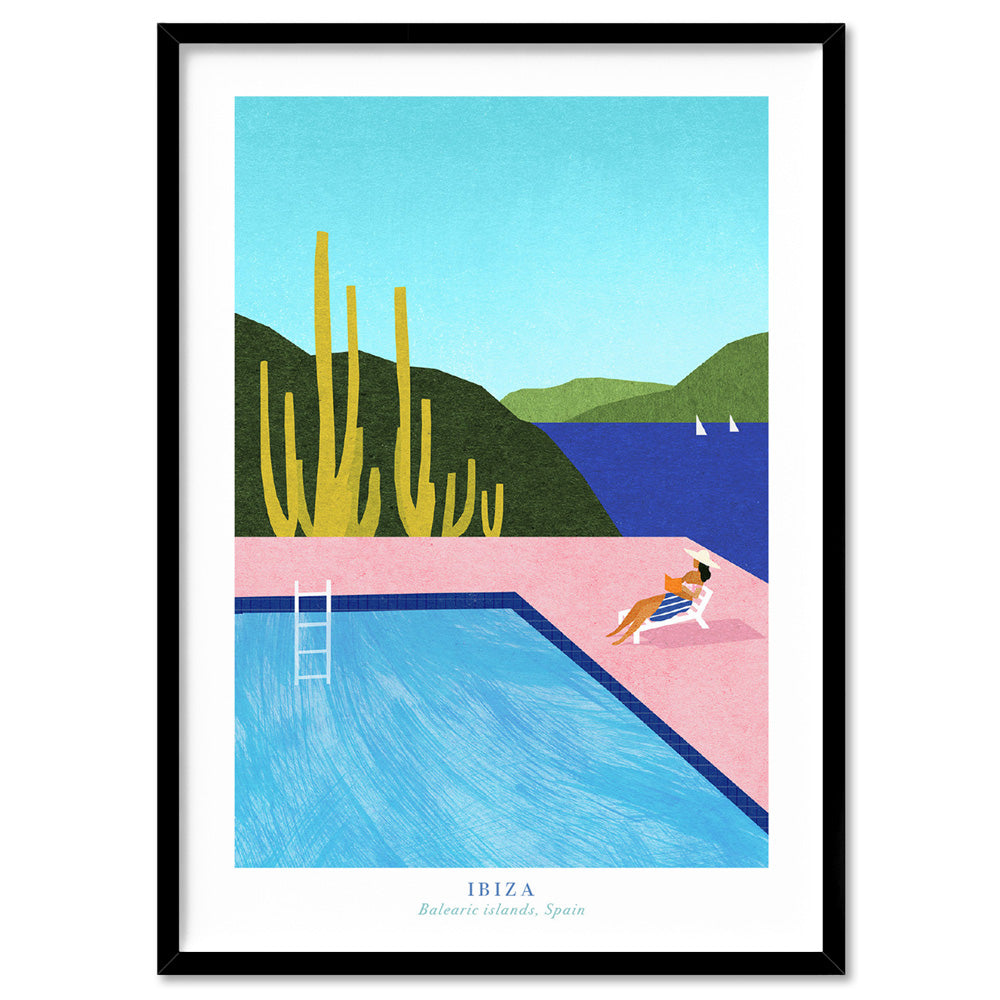 Pool in Ibiza Illustration - Art Print by Henry Rivers, Poster, Stretched Canvas, or Framed Wall Art Print, shown in a black frame