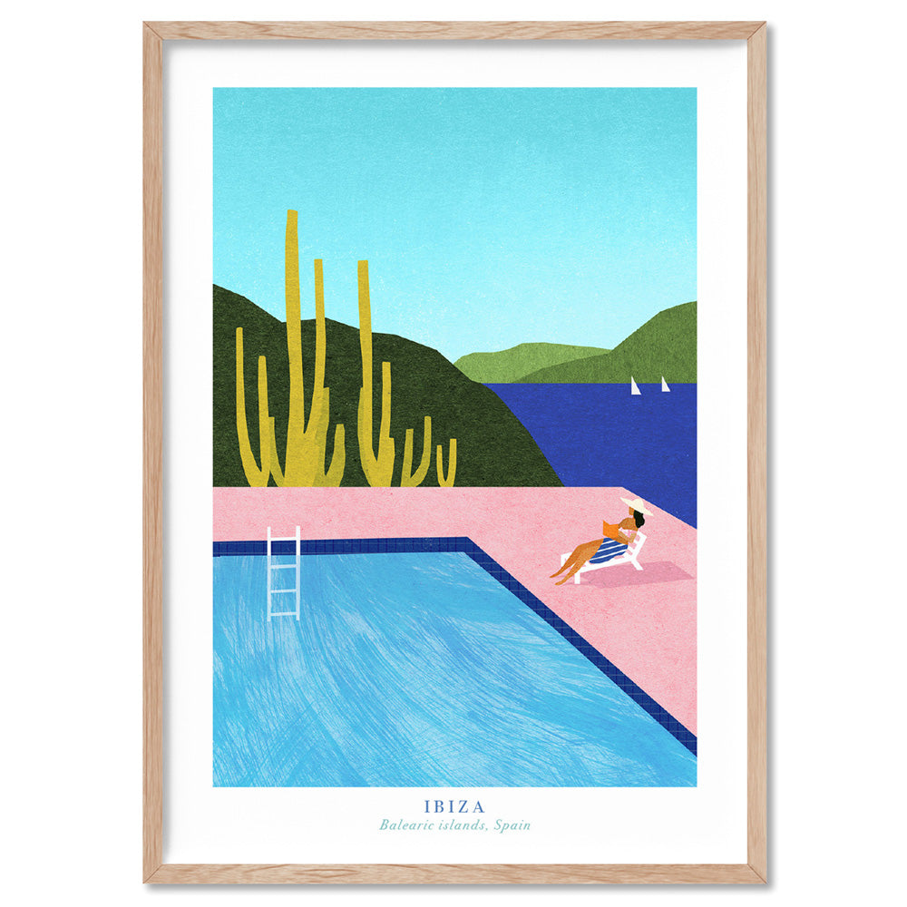 Pool in Ibiza Illustration - Art Print by Henry Rivers, Poster, Stretched Canvas, or Framed Wall Art Print, shown in a natural timber frame