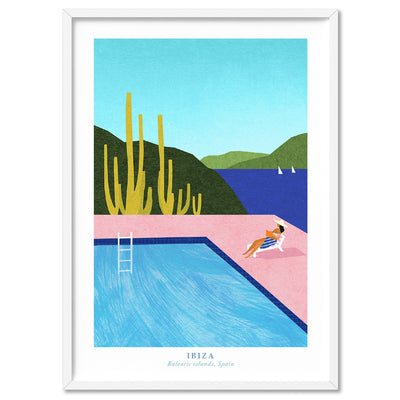 Pool in Ibiza Illustration - Art Print by Henry Rivers, Poster, Stretched Canvas, or Framed Wall Art Print, shown in a white frame