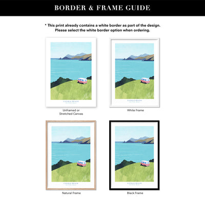 Lanikai Beach Illustration - Art Print by Henry Rivers, Poster, Stretched Canvas or Framed Wall Art, Showing White , Black, Natural Frame Colours, No Frame (Unframed) or Stretched Canvas, and With or Without White Borders