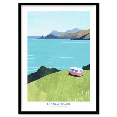 Lanikai Beach Illustration - Art Print by Henry Rivers, Poster, Stretched Canvas, or Framed Wall Art Print, shown in a black frame