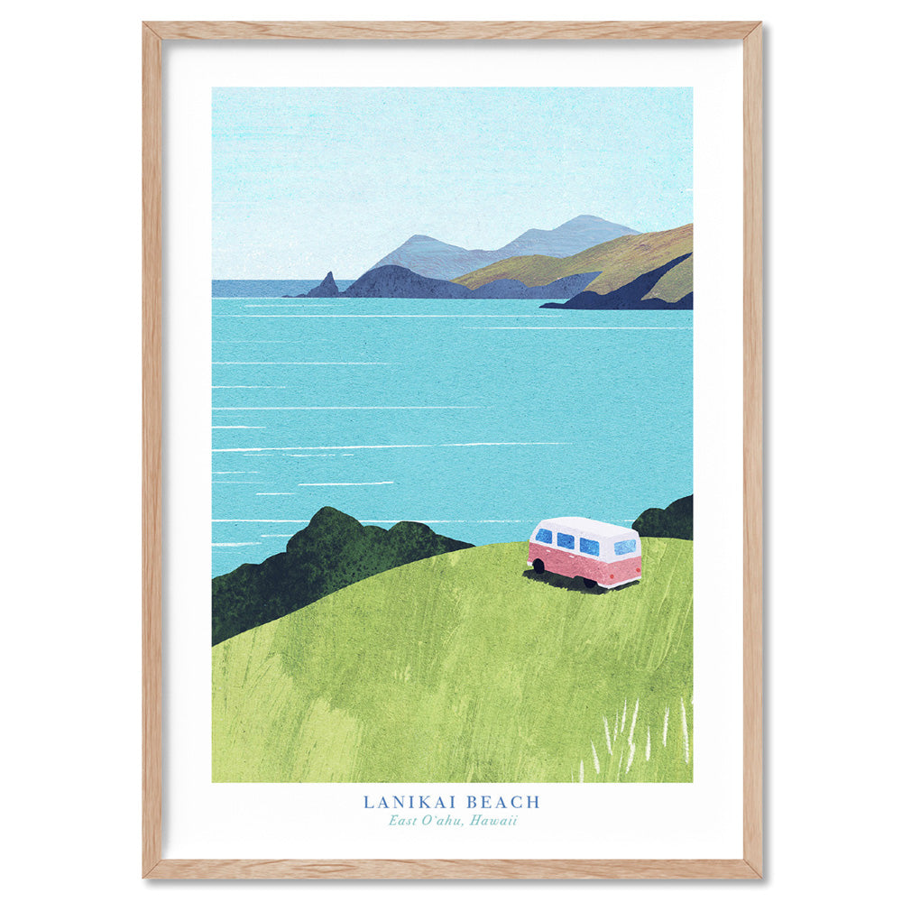 Lanikai Beach Illustration - Art Print by Henry Rivers, Poster, Stretched Canvas, or Framed Wall Art Print, shown in a natural timber frame
