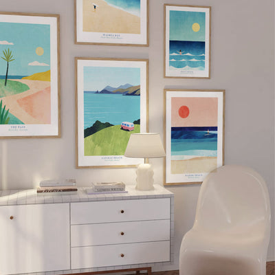 Lanikai Beach Illustration - Art Print by Henry Rivers, Poster, Stretched Canvas or Framed Wall Art, shown framed in a home interior space