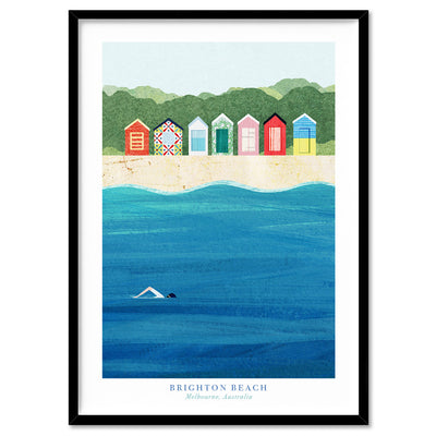 Brighton Beach Illustration - Art Print by Henry Rivers, Poster, Stretched Canvas, or Framed Wall Art Print, shown in a black frame