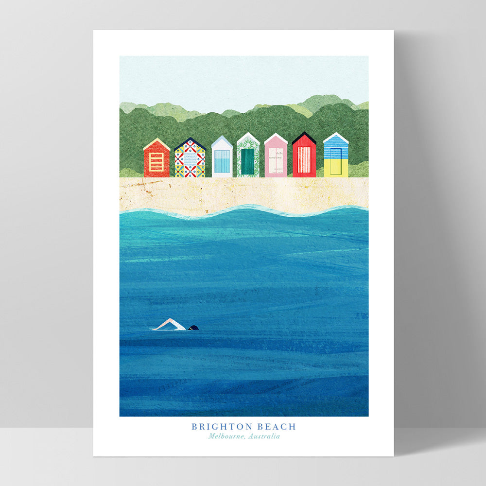Brighton Beach Illustration - Art Print by Henry Rivers, Poster, Stretched Canvas, or Framed Wall Art Print, shown as a stretched canvas or poster without a frame