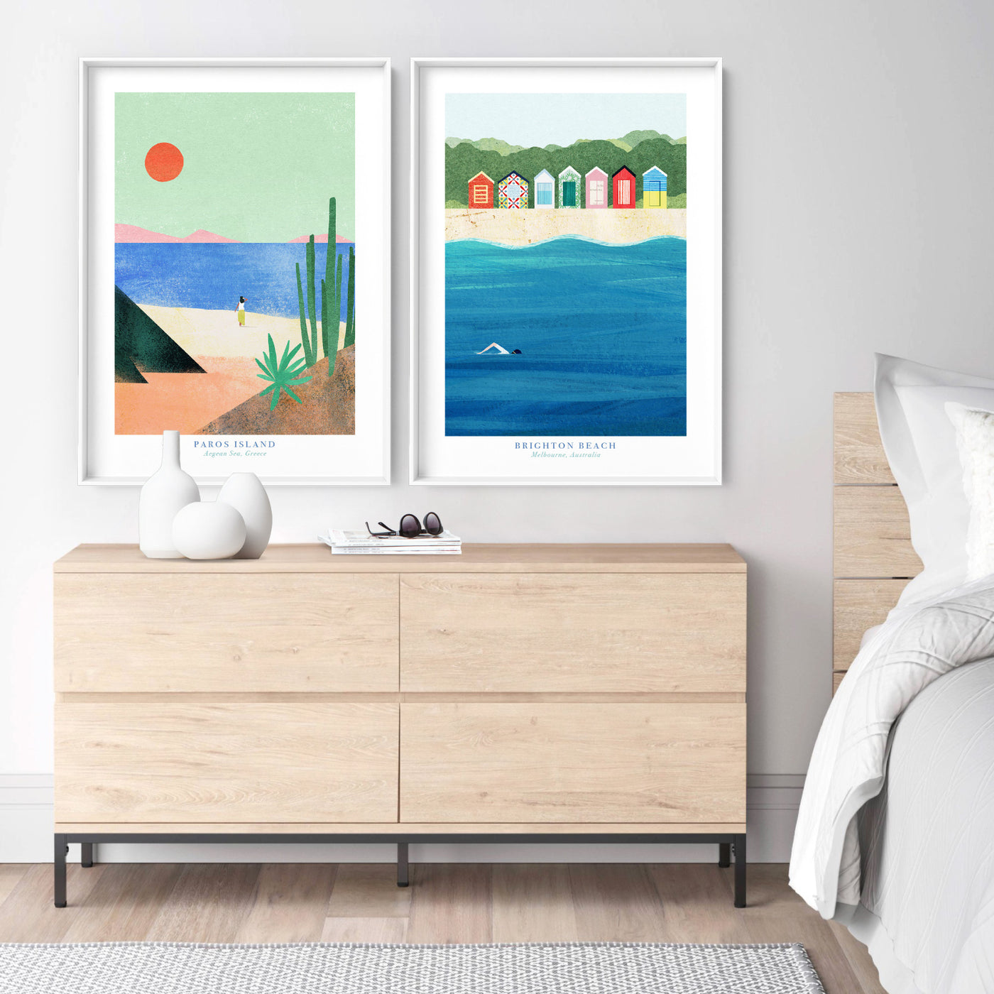 Brighton Beach Illustration - Art Print by Henry Rivers, Poster, Stretched Canvas or Framed Wall Art, shown framed in a home interior space
