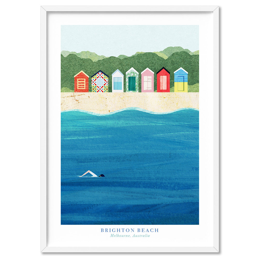Brighton Beach Illustration - Art Print by Henry Rivers, Poster, Stretched Canvas, or Framed Wall Art Print, shown in a white frame