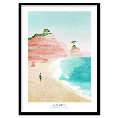 Algarve Beach Portugal Illustration - Art Print by Henry Rivers, Poster, Stretched Canvas, or Framed Wall Art Print, shown in a black frame