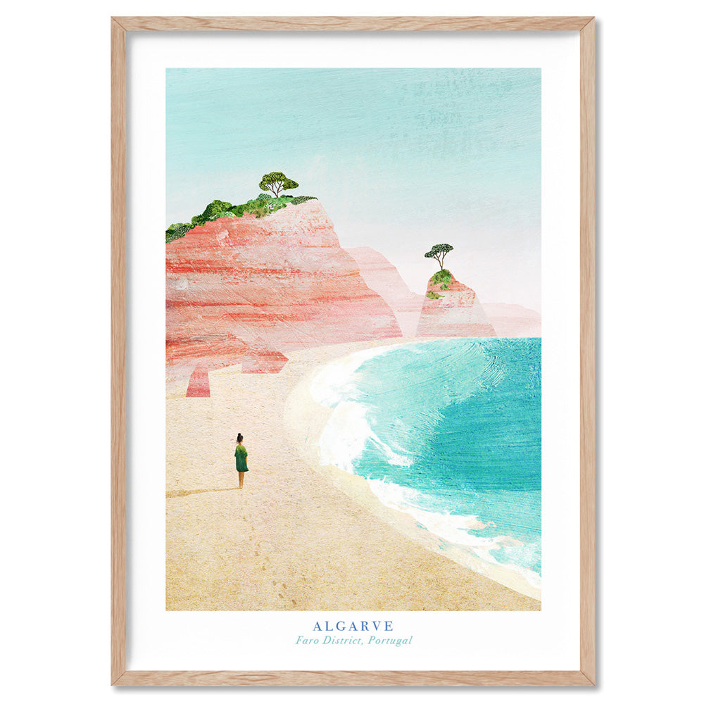 Algarve Beach Portugal Illustration - Art Print by Henry Rivers, Poster, Stretched Canvas, or Framed Wall Art Print, shown in a natural timber frame