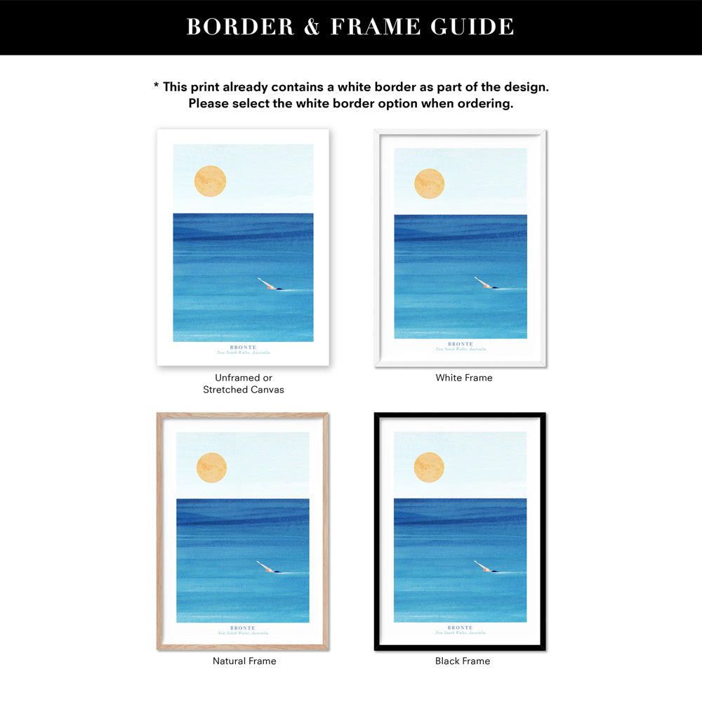 Bronte Beach Illustration - Art Print by Henry Rivers, Poster, Stretched Canvas or Framed Wall Art, Showing White , Black, Natural Frame Colours, No Frame (Unframed) or Stretched Canvas, and With or Without White Borders