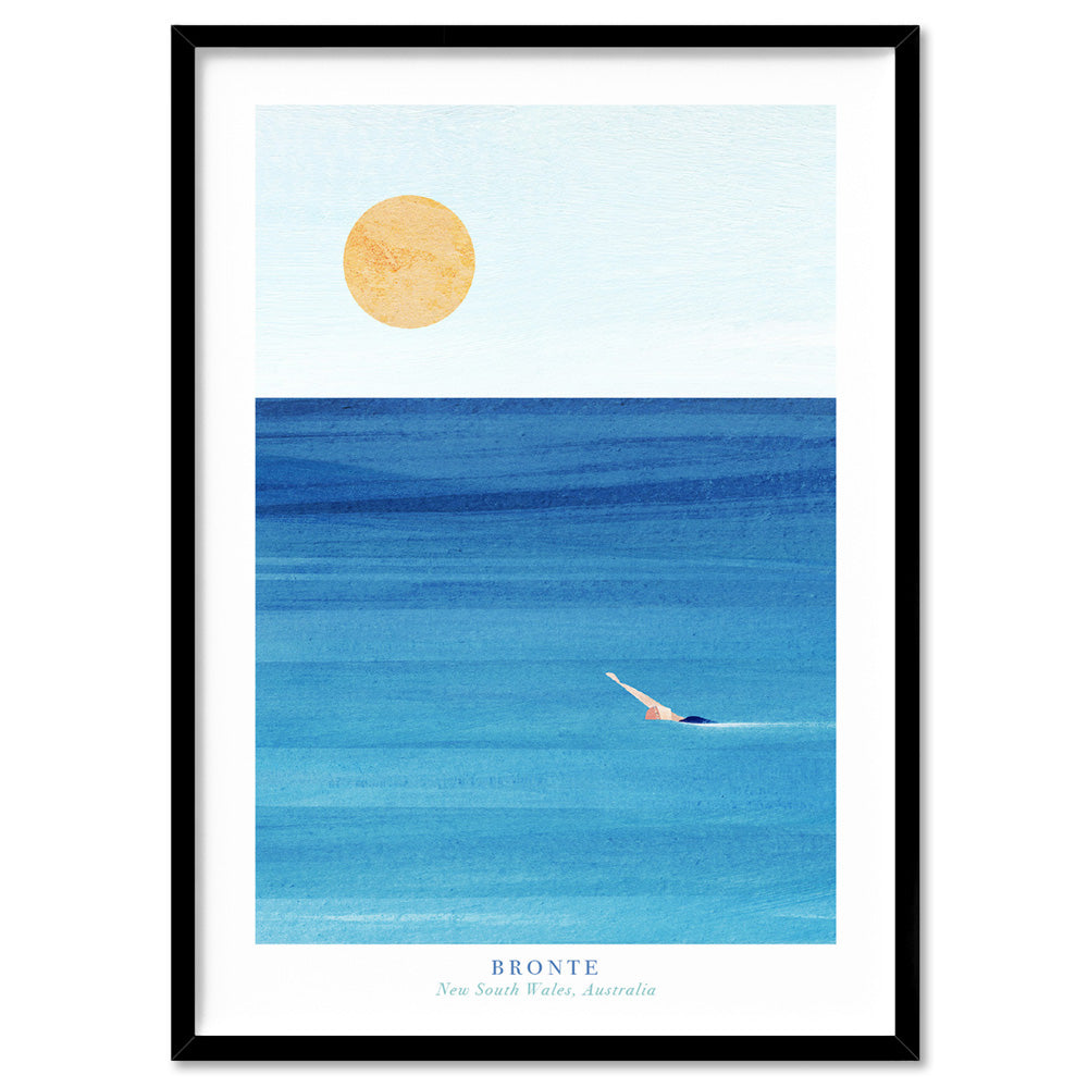 Bronte Beach Illustration - Art Print by Henry Rivers, Poster, Stretched Canvas, or Framed Wall Art Print, shown in a black frame