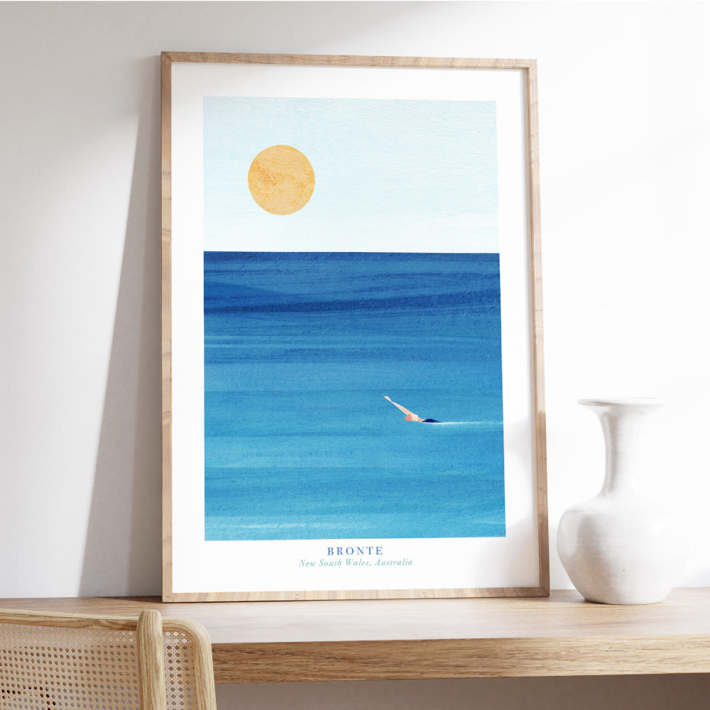 Bronte Beach Illustration - Art Print by Henry Rivers, Poster, Stretched Canvas or Framed Wall Art Prints, shown framed in a room