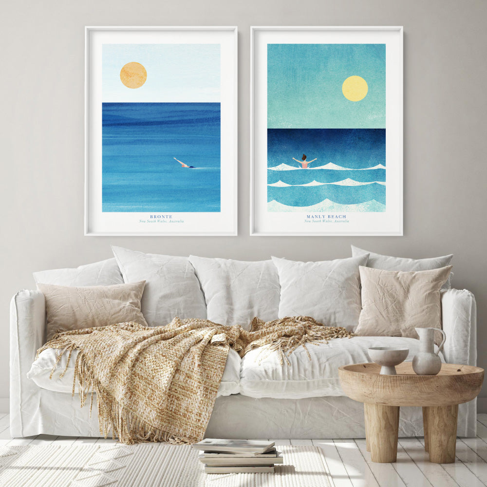 Bronte Beach Illustration - Art Print by Henry Rivers, Poster, Stretched Canvas or Framed Wall Art, shown framed in a home interior space