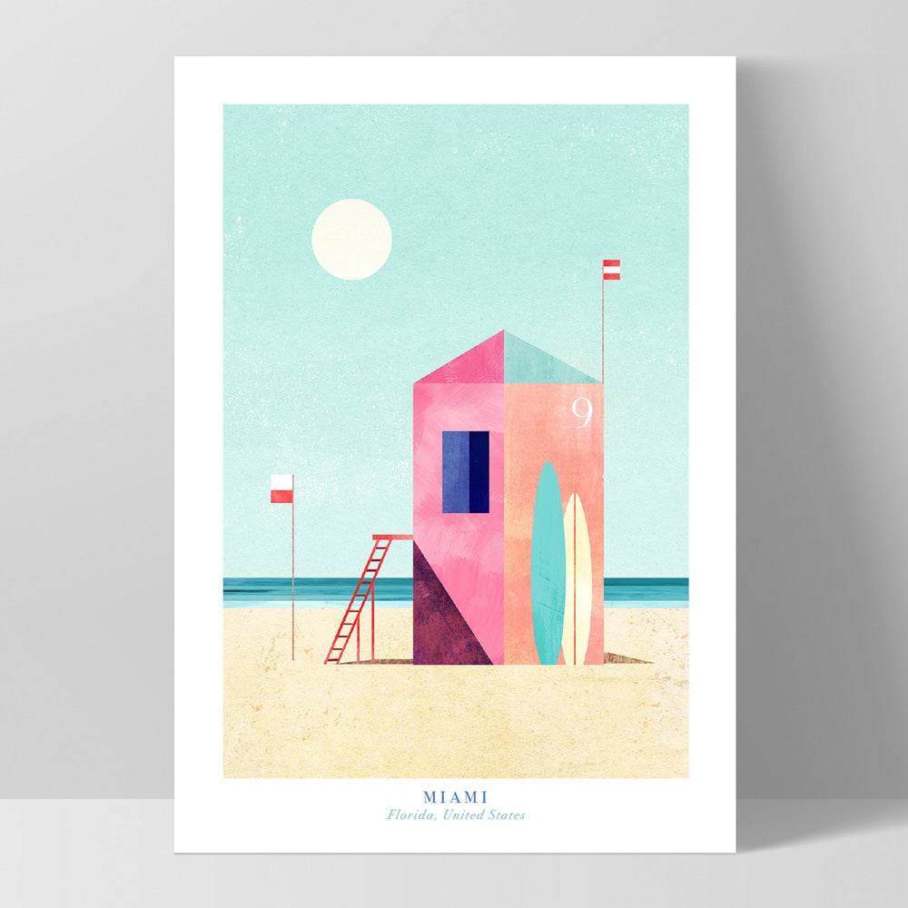 Miami Beach Illustration - Art Print by Henry Rivers, Poster, Stretched Canvas, or Framed Wall Art Print, shown as a stretched canvas or poster without a frame