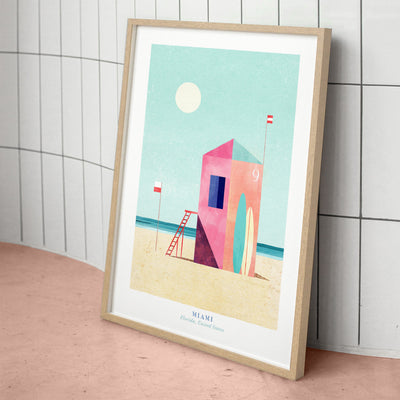 Miami Beach Illustration - Art Print by Henry Rivers, Poster, Stretched Canvas or Framed Wall Art Prints, shown framed in a room