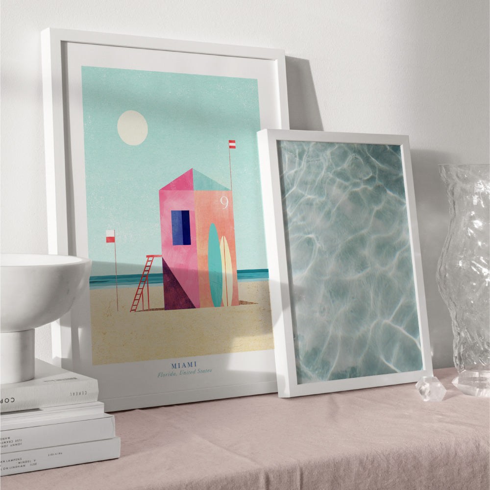 Miami Beach Illustration - Art Print by Henry Rivers, Poster, Stretched Canvas or Framed Wall Art, shown framed in a home interior space
