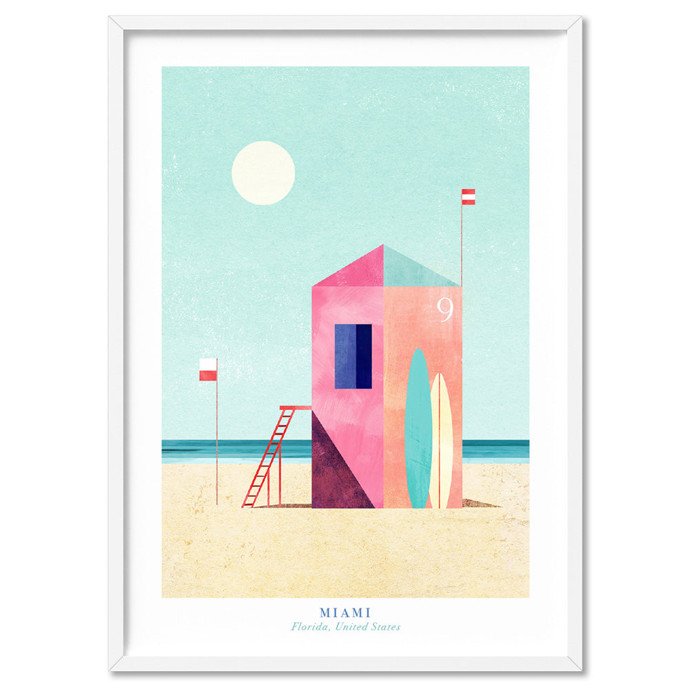 Miami Beach Illustration - Art Print by Henry Rivers, Poster, Stretched Canvas, or Framed Wall Art Print, shown in a white frame