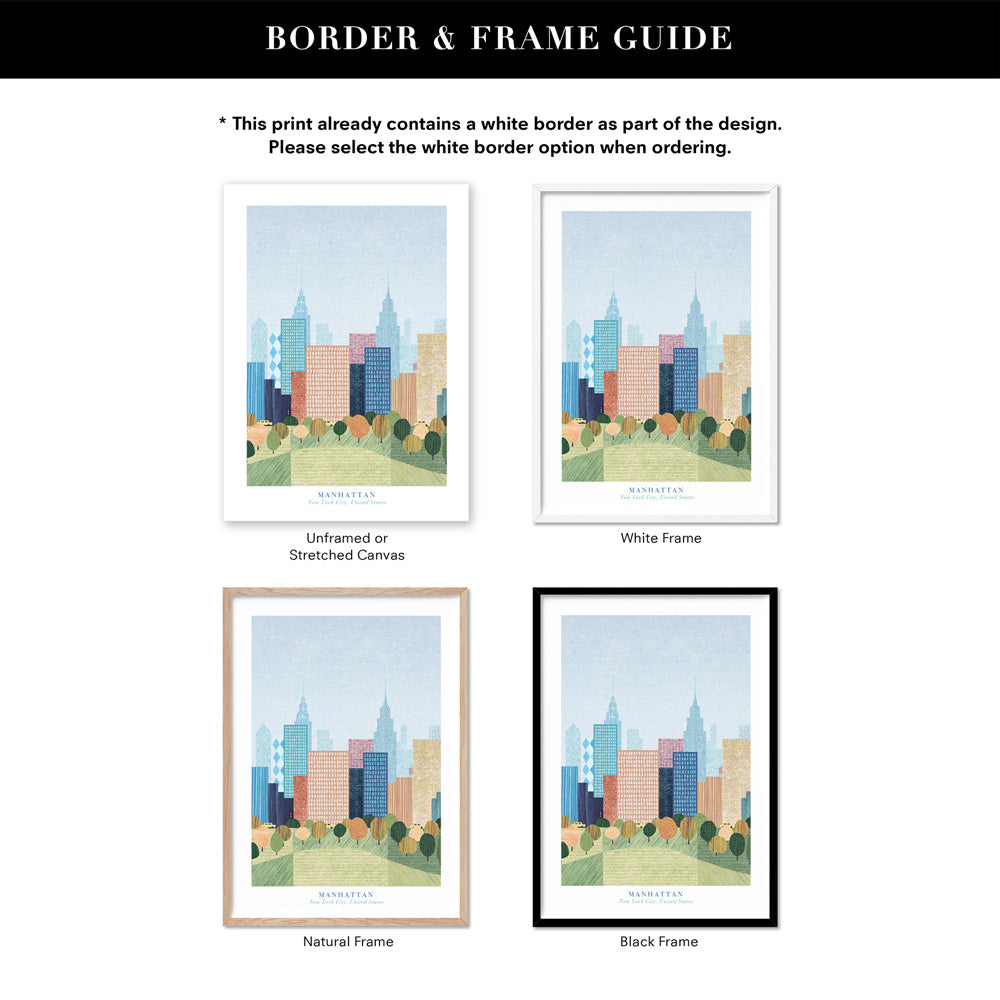 Manhattan New York Illustration - Art Print by Henry Rivers, Poster, Stretched Canvas or Framed Wall Art, Showing White , Black, Natural Frame Colours, No Frame (Unframed) or Stretched Canvas, and With or Without White Borders