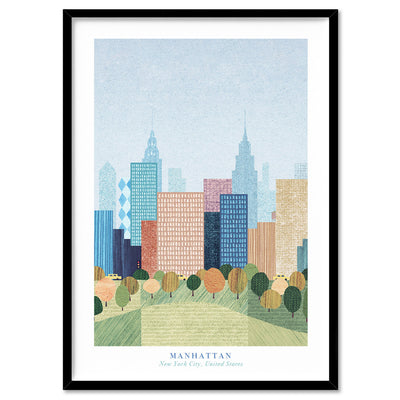 Manhattan New York Illustration - Art Print by Henry Rivers, Poster, Stretched Canvas, or Framed Wall Art Print, shown in a black frame