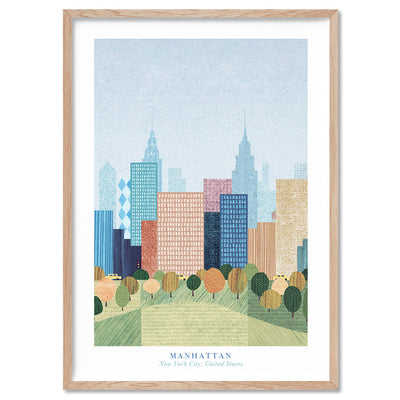 Manhattan New York Illustration - Art Print by Henry Rivers, Poster, Stretched Canvas, or Framed Wall Art Print, shown in a natural timber frame
