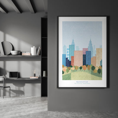 Manhattan New York Illustration - Art Print by Henry Rivers, Poster, Stretched Canvas or Framed Wall Art Prints, shown framed in a room