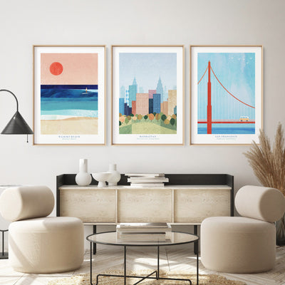 Manhattan New York Illustration - Art Print by Henry Rivers, Poster, Stretched Canvas or Framed Wall Art, shown framed in a home interior space