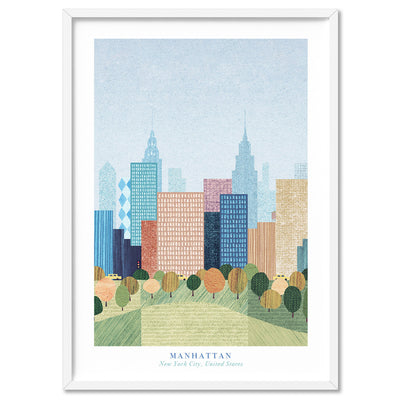 Manhattan New York Illustration - Art Print by Henry Rivers, Poster, Stretched Canvas, or Framed Wall Art Print, shown in a white frame