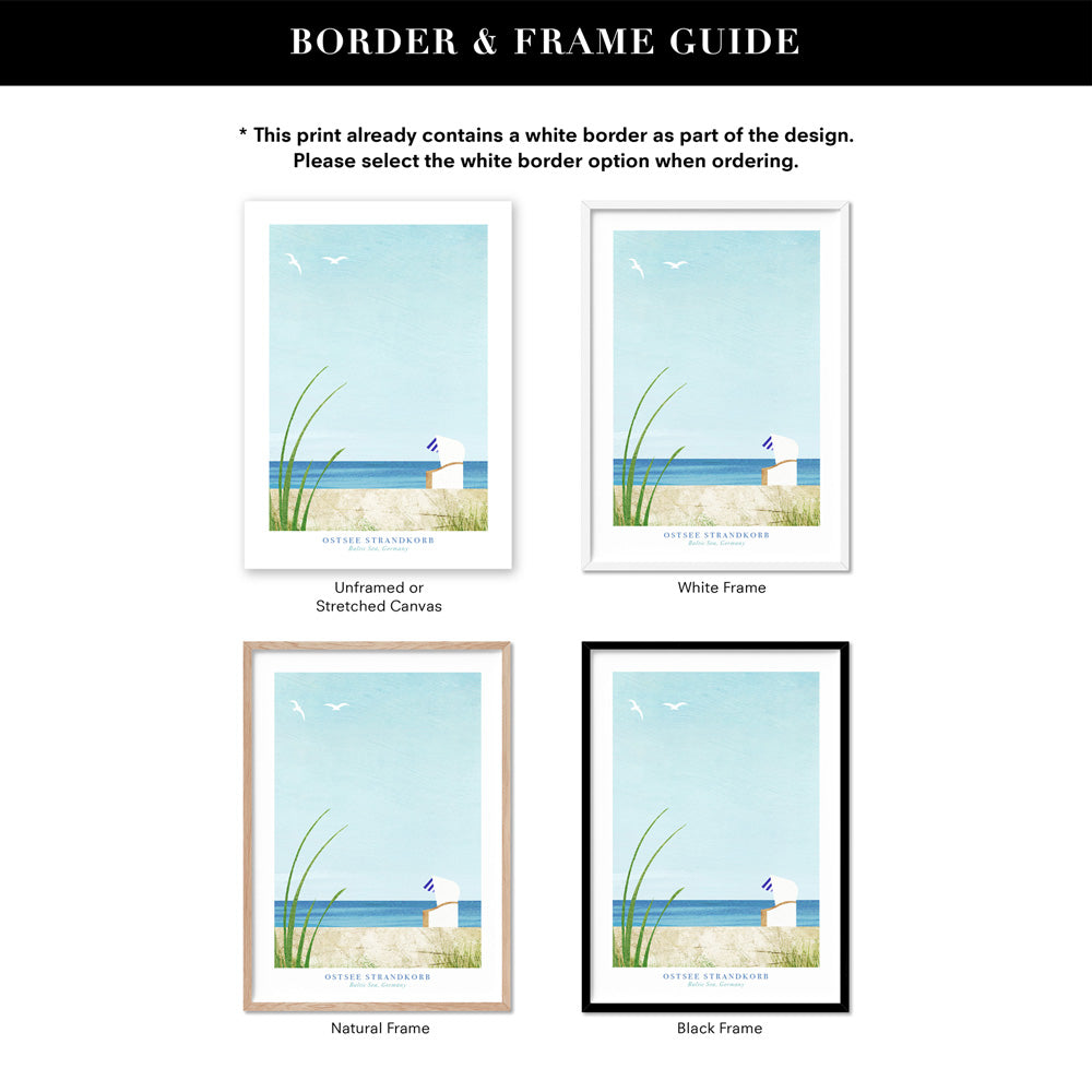Ostsee Strandkorb Illustration - Art Print by Henry Rivers, Poster, Stretched Canvas or Framed Wall Art, Showing White , Black, Natural Frame Colours, No Frame (Unframed) or Stretched Canvas, and With or Without White Borders