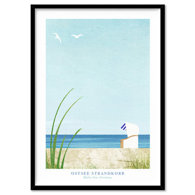 Ostsee Strandkorb Illustration - Art Print by Henry Rivers, Poster, Stretched Canvas, or Framed Wall Art Print, shown in a black frame