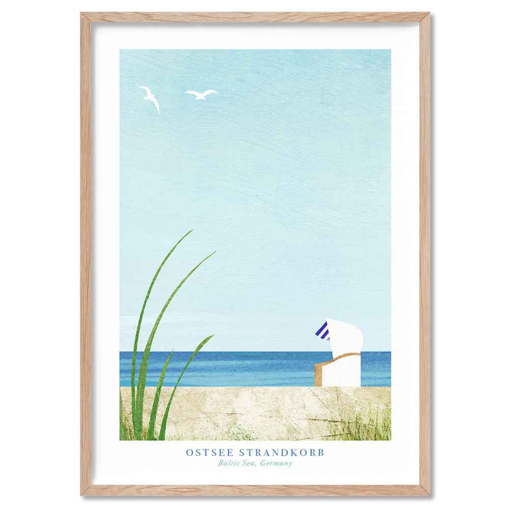 Ostsee Strandkorb Illustration - Art Print by Henry Rivers, Poster, Stretched Canvas, or Framed Wall Art Print, shown in a natural timber frame
