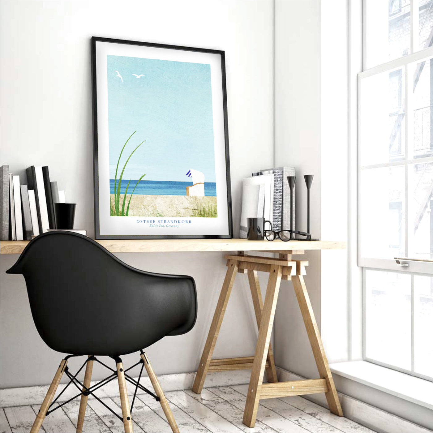 Ostsee Strandkorb Illustration - Art Print by Henry Rivers, Poster, Stretched Canvas or Framed Wall Art Prints, shown framed in a room