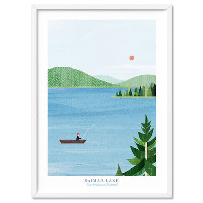 Saimaa Lake Fishing Illustration - Art Print by Henry Rivers, Poster, Stretched Canvas, or Framed Wall Art Print, shown in a white frame