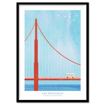 Golden Gate San Francisco Illustration - Art Print by Henry Rivers, Poster, Stretched Canvas, or Framed Wall Art Print, shown in a black frame