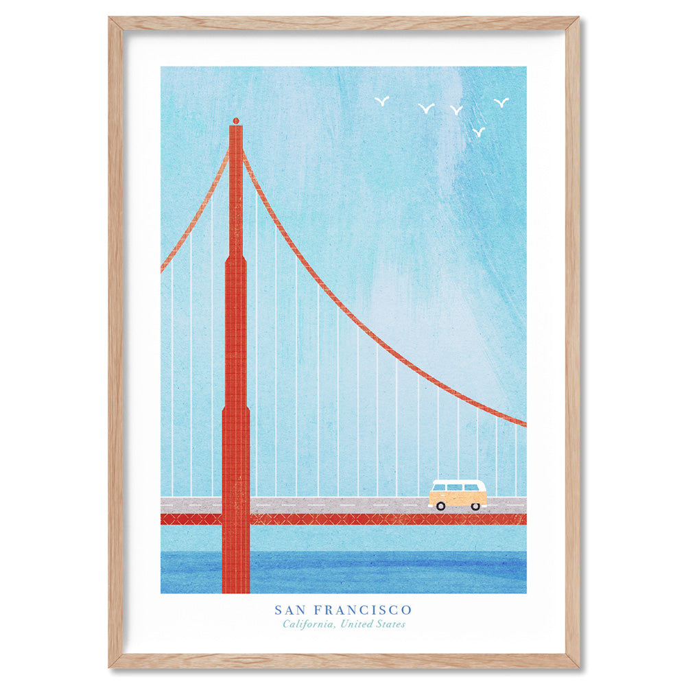 Golden Gate San Francisco Illustration - Art Print by Henry Rivers, Poster, Stretched Canvas, or Framed Wall Art Print, shown in a natural timber frame