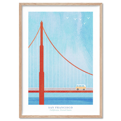 Golden Gate San Francisco Illustration - Art Print by Henry Rivers, Poster, Stretched Canvas, or Framed Wall Art Print, shown in a natural timber frame