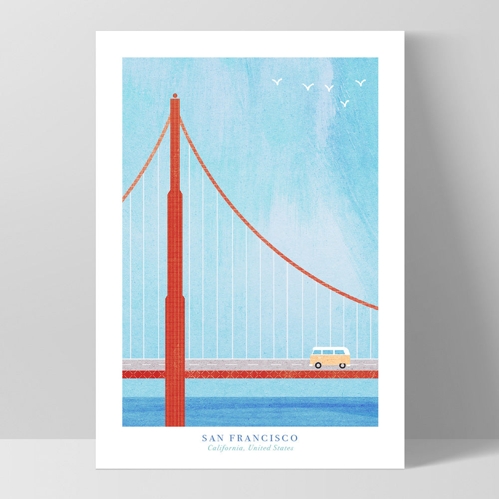 Golden Gate San Francisco Illustration - Art Print by Henry Rivers, Poster, Stretched Canvas, or Framed Wall Art Print, shown as a stretched canvas or poster without a frame