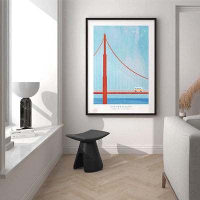 Golden Gate San Francisco Illustration - Art Print by Henry Rivers, Poster, Stretched Canvas or Framed Wall Art Prints, shown framed in a room