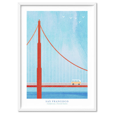 Golden Gate San Francisco Illustration - Art Print by Henry Rivers, Poster, Stretched Canvas, or Framed Wall Art Print, shown in a white frame