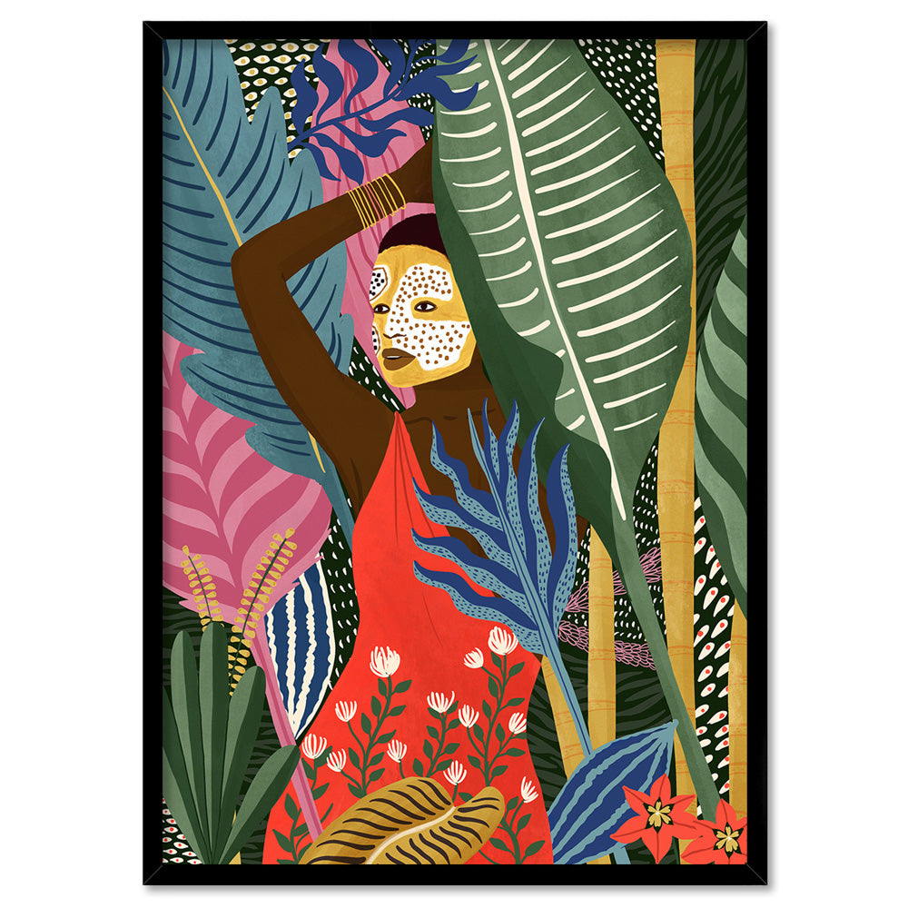 Into the Jungle Illustration - Art Print by Maja Tomljanovic, Poster, Stretched Canvas, or Framed Wall Art Print, shown in a black frame