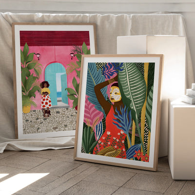 Into the Jungle Illustration - Art Print by Maja Tomljanovic, Poster, Stretched Canvas or Framed Wall Art, shown framed in a home interior space
