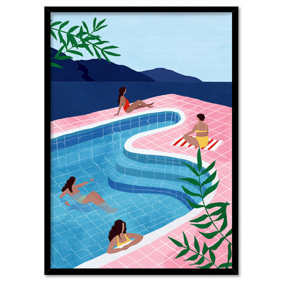 Poolside Chill Illustration - Art Print by Maja Tomljanovic, Poster, Stretched Canvas, or Framed Wall Art Print, shown in a black frame