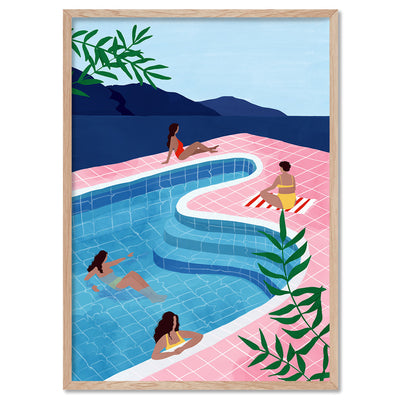 Poolside Chill Illustration - Art Print by Maja Tomljanovic, Poster, Stretched Canvas, or Framed Wall Art Print, shown in a natural timber frame